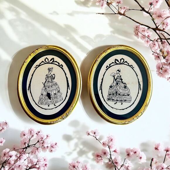 Vintage Needlepoint Silhouette Pair-Oval Gold Frame-Wall Art-Embroidery-Portrait - Picture 7 of 7